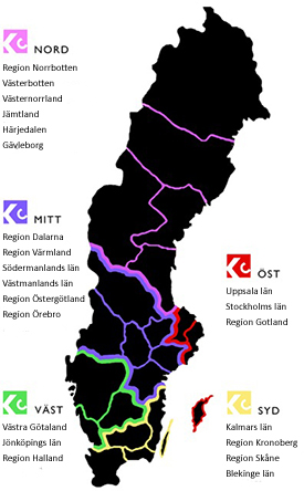 En karta över olika Konstnärscentrum-regioner i Sverige
